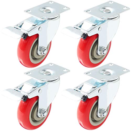 4 Pack Caster Wheels Swivel Plate Stem Brake Casters On Red Polyurethane Wheels (4 inch with brake)