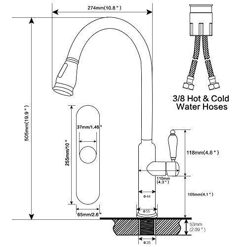 Yohom 1 or 3 Hole Commercial Stainless Steel Kitchen Sink Faucets with Pull Out Dual Function Sprayer, Porcelain Single Handle Pull Down Kitchen Faucet with 10” Hole Cover Deck Plate Brushed Finish - Thumbnail 6