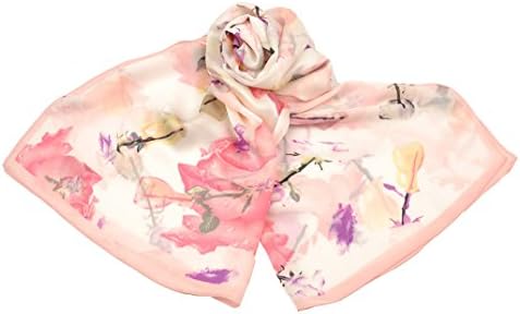 Ruibao 100% Mulberry Silk Fashion Pattern Long Scarf With Autumn Leaves Design (Pink)
