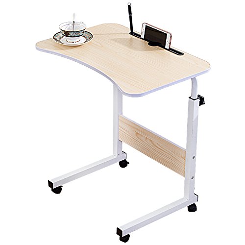 Jerry & Maggie Adjustable Height Desk Laptop Desk | Phone Holder | 4 Wheels Movable Table Lapdesk |Body Curve Edge Design Wood Desk Cart Tray Side Table for Bed - White - Thumbnail 7