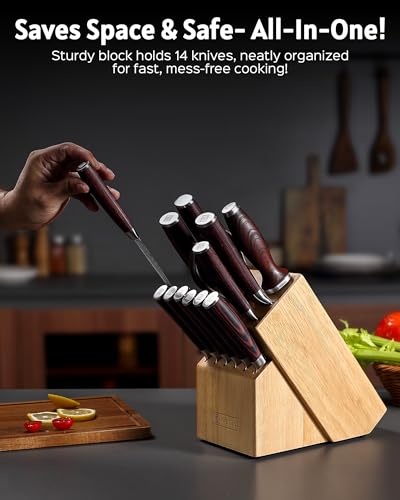 PAUDIN 14 piezas Conjunto de cuchillo de cocina con bloque, conjunto de cuchillo de cocinero afilado de acero inoxidable alemán de alto carbono con mango ergonómico Pakkawood