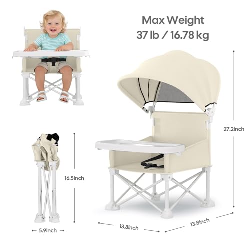 Portable Baby Chair, Foldable Toddler Booster Seat, with Removable Tray, Canopy and Safety Harness, Baby Sit up Chair, Portable Seat for Kitchen Chair (Beige)