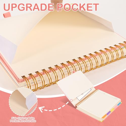 FREBLASO 5 Subject Notebook with Removable Dividers Tabs, 300 Pages Leather Hardcover Spiral Notebook College Ruled, 8"x10" Large B5 Notebooks for Work School, Lined Journal for Women, Pink
