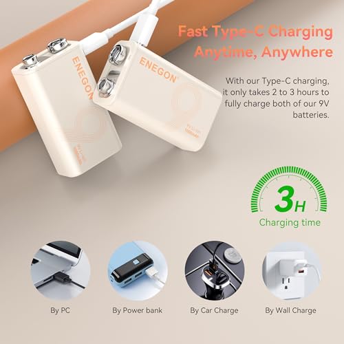 ENEGON 2 Pilas 9V Recargables 1000mAh con Puerto USB-C y Cable de Carga, Batería 9V de Larga duración para Micrófono, Detector de Humo, Juguetes Electrónicos, Walkie-Talkie y Más