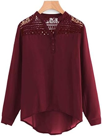 Prettyever Stylish Stitching White Button Chiffon Blouse,Red Wine,M
