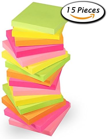 Sticky Notes, 3" x 3",15 Pads/Pack, 100 Sheets/Pad, 5 Assorted Colors