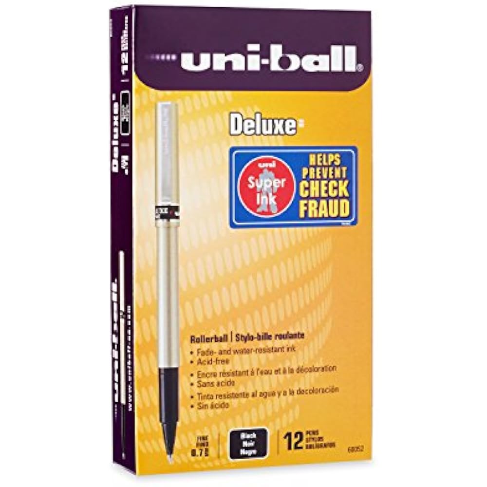 Uniball Deluxe Rollerball Pens, Fine Point (0.7mm), Black, 12 Count