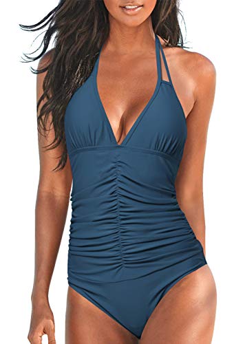 Upopby Women's Halter Push up One Piece Swimsuits Backless Monokini Ruched Tummy Control Bathing Suits Plus Size Swimwear Steelblue 12