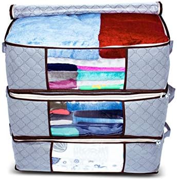 Foldable Fabric storage bag organizer, clear window, gray storage bag, handles, extra strong zipper, perfect for bedrooms, closets, blanket, clothes, garage by Rokeda
