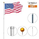 VINGLI Upgraded Aluminum Flagpole, Heavy Duty Outdoor Halyard Flag Pole, Durable Kit Free with 3'x5' USA American Flag Fly 2 Flags, for Residential or Commercial (Telescopic 20FT)