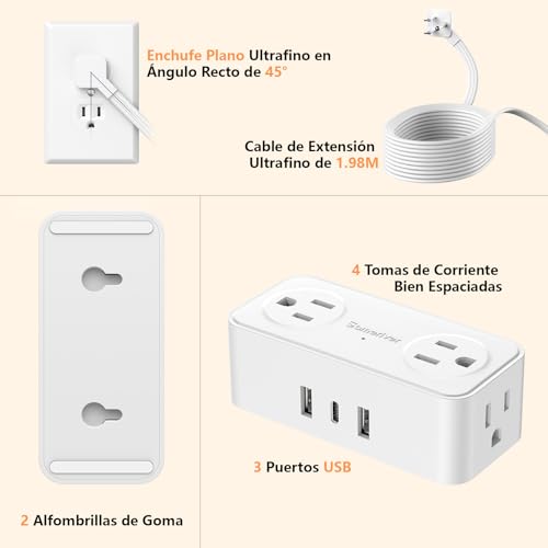 SMALLRT Multicontacto Extension Electrica Plano, Regleta Multicontacto 3 USB(1 USB C), 6.5FT Extensión Plana para Pared con 4 Salidas de CA, Conector Multiple Enchufe para Hogar, Oficina, Cruceros