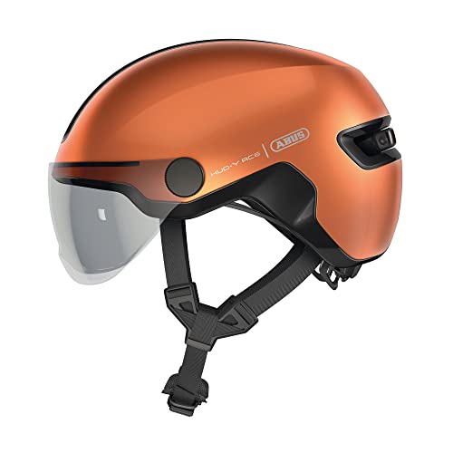 ABUS Stadthelm HUD-Y ACE - stylischer Fahrradhelm mit Visier und magnetischem, aufladbarem LED-Rücklicht - für Damen und Herren - Orange, Größe M