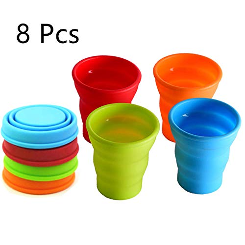 MIAO JIN 8 Pcs Silicone Collapsible Travel Cup Expandable Drinking Cup Foldable Drinking Mug for Outdoor Camping and Hiking (Blue, Red, Green, Orange)