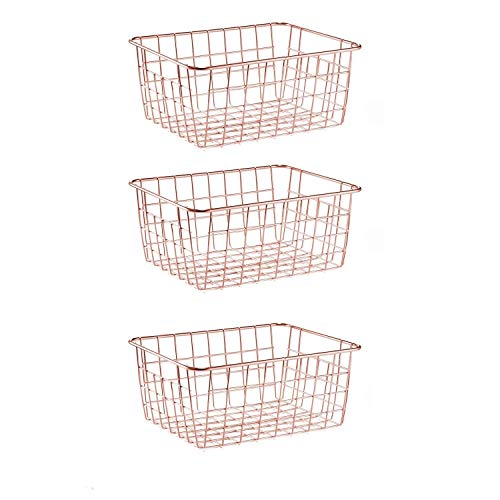 SINARDO Wire Storage Basket Organizer Bin Baskets for Kithen Cabinets Freezer Bedroom Bathroom (3, Rose Gold)