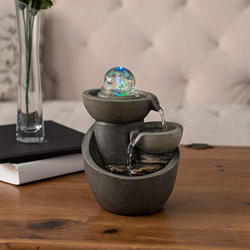 Pure Garden 50-LG5066 Tabletop Water Fountain-3-Tier Waterfall with Rolling Glass Ball, Multi-Colored LED Lights Electric Pump & Soothing Sounds for Home