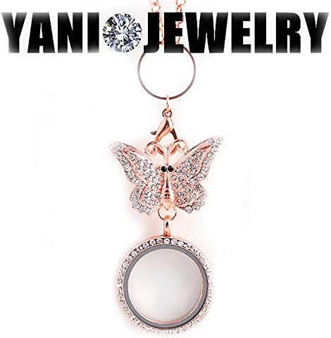Shuyani Plain Floating Locket Pendant Necklace with Rhinestone Butterfly Heart Brooch