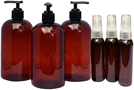SanDaveVA Brand16 oz Amber Plastic Bottle Boston Round Black Lotion Pumps 3/pk plus 2oz Cosmo bottles Mist Sprayer Atomizer 3/pk Combo
