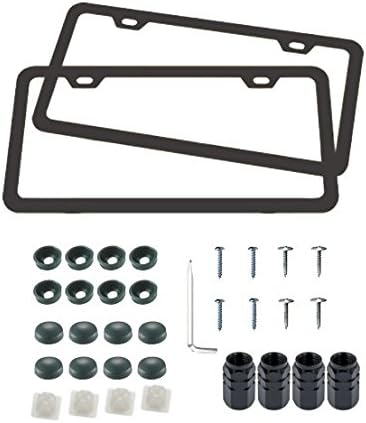 License Plate Frames - Automotive Aluminum Tag holders 2 hole kit, 2pcs Black Licenses Plates Frames with Screw Caps and Tire Stem Caps, Place on Any Car or Vehicle Fits All US License
