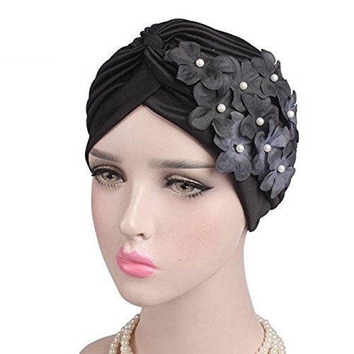 Wcysin Womens Turban Brim Hat Cap Floral Cancer Chemo Hat Elastic Turban Headbands Wrap Cap (Black) - Thumbnail 2