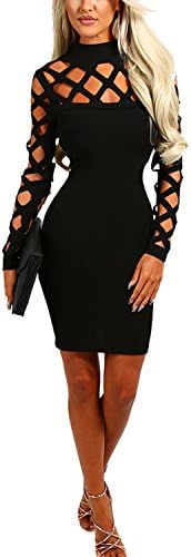 Turbomsun Women's Hollow Out Dress Sexy Bandage Long Sleeve High Neck Cocktail Clubwear Party Mini Bodycon Lady Dress.