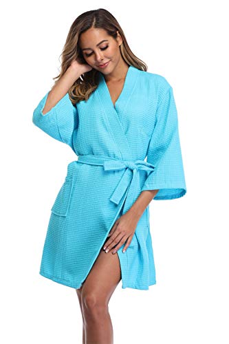 Vogue Bridal Waffle Weave Kimono Robe with Embroidered Bathrobe for Bridesmaid,Sky Blue