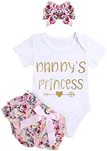 KISSBNewborn Baby Girl Summer Clothes Outfits Daddys Little Girl Short Sleeve Romper Infant Floral Shorts Set 3Pcs
