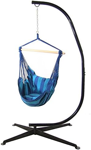 Apricis Hanging Hammock Swing with Two Cushions and C-stand Combo, Hardware Included Easy and Quick for Installation,Stand Max Bearing Weight 330lb.(Seaside with Stand)