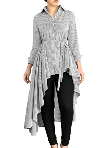 Dokotoo Womens Casual Office Ladies Irregular Long Sleeve V Neck Collar Stripe Tunics T Shirts Blouse Tops For Work Grey X-Large