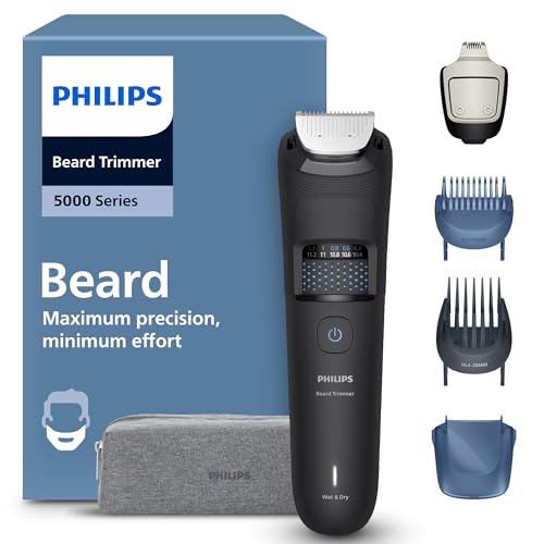 Philips Tondeuse à barbe série 5000 - Lames en métal auto-affûtées, 40 hauteurs de coupe réglables, Technologie BeardSense, Système collecte des poils, 100% étanche, Pochette, Modèle BT5765/15
