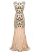 FAIRY COUPLE Women 's V Back 1920s Sequin Beaded Gatsby Maxi Long Speakeasy Masquerade Dresses XL Gold Champagne