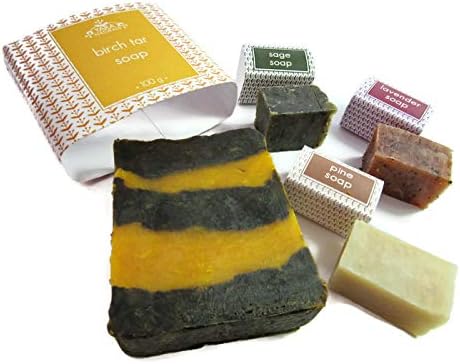 YaraNaturals Handmade Set of Birch Tar Bath Soap with Sea Buckthorn Oil 4 oz + 3 mini soap. 100% Natural & Vegan. Soap Gift Set For Healthier Skin Acne & Blackhead Treatment