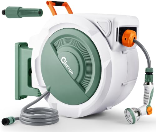 Bietor Retractable Garden Hose Reel, 1/2“ x 45m+2m Upgraded UV Resistant Heavy Duty Wall Mounted Hose Reel with 10 Patterns Nozzle, Any Length Lock, Slow Return System, 180°Swivel Bracket
