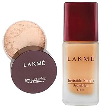 Lakme Rose Face Powder, Soft Pink, 40g & Lakme Invisible Finish SPF 8 Foundation, Shade 01, 25ml