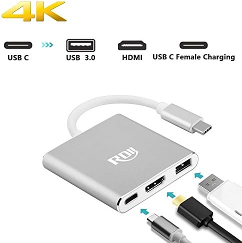USB C to HDMI 4K Adapter, RDII Type C to HDMI Multiport AV Converter 3-in-1 with USB 3.0 Port &amp; USB C Recharging Port for MacBook Series Chromebook Pixel and more (Aluminum Case, Silver)