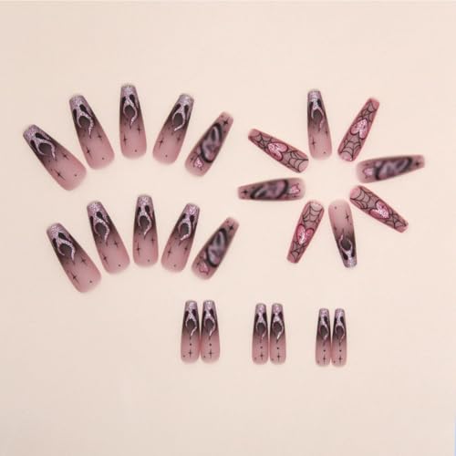 Halloween Press on Nails Long Coffin Fake Nails with Designs Cute Ghost False Nails Heart Flame Spider Skull Glue on Nails Full Cover Suqare Artificial Acrylic Stick on Nails for Women Girls 24 Pcs - Image 2