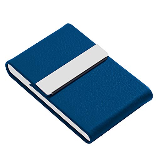 Business Card Holder Case - JuneLsy Professional PU Leather Business Card Case Metal Name Card Holder Pocket Business Card Carrier for Men & Women with Magnetic Shut (Blue-y) - Thumbnail 5