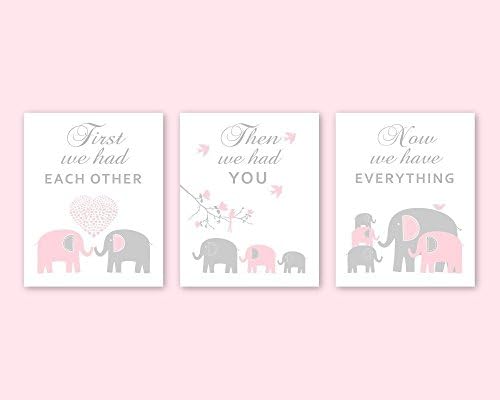 Elephant Nursery Wall Art for Pink Gray Decor Animal Decorations for Baby Girl Bedroom - Choose PAPER PRINTS or CANVAS, Set of 3