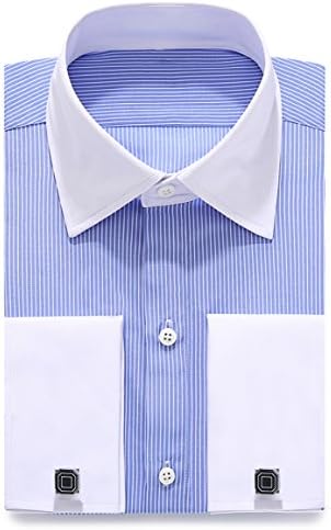 Contrast Collar Long Sleeve Stripe French Cuff Men's Dress Shirts - Standard Fit With Cuff Links (16.5" Neck / 34"-35" Sleeve, Blue Bold-Stripe)