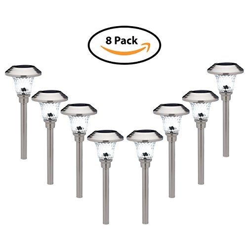 Morvat Premium Outdoor Solar LED Path and Garden Landscape Lights | Stainless Steel Body with Glass Lens | Waterproof | Light up Your Path and Yard and Enhance Visibility | White Light | Pack of 8