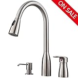 Hotis 3 Hole Pull Out Prep Sprayer Stainless Steel Single Handle Pull Down Kitchen Faucet, Brushed Nickel Kitchen Sink Faucet with Soap Dispenser