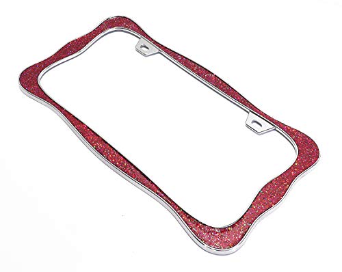 Creathome 3D Shining License Plate Frame, Chrome with Shining Red Chunky Gliter, Pure Zinc Alloy Metal