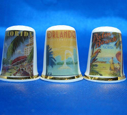 Birchcroft Porcelain China Collectable - Set of Three Thimbles - Travel Posters Florida