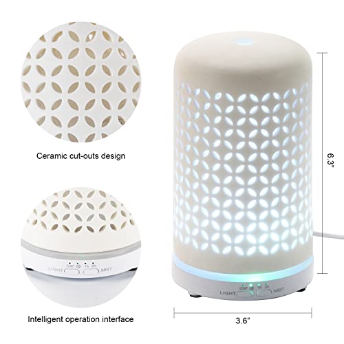 LLAZEZZZ Ceramic Essential Oil Diffuser 100ML White Aromatherapy Diffuser Cool Mist Humidifier for Home Waterless Auto Shut-Off Timers 7 Color Night Lights and Auto Off…