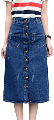 Wincolor Women's Button Front A-line Flared Long Denim Jean Skirts