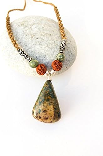 RainForest Jasper necklace, Green stone necklace, Mens necklace, Macrame necklace, Rustic necklace, Teardrop stone necklace, Rudraksha seed