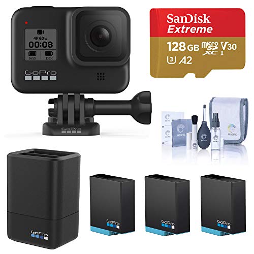 GoPro HERO8 Black, Waterproof Digital Sports and Action Camera with Touch Screen 4K UHD Video 12MP Photos, Power Bundle with Dual Charger, 3 Extra Batteries, 128GB microSD Card, Cleaning Kit