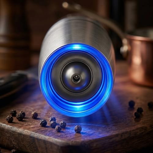 Moedor Eletrico de Sal e Pimenta com Sensor de Gravidade Automático e LED Azul - Mecanismo Ceramico Ajustavel, Operacao com Uma Mao, Inox para Temperos (Prata)
