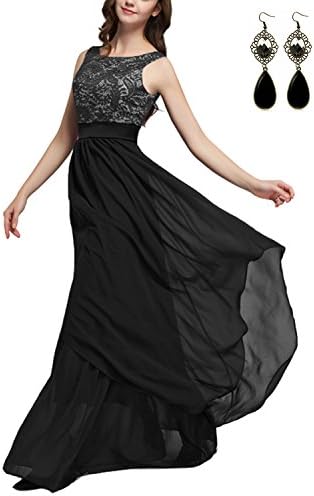 Sitengle Elegant Women Sleeveless V-back Lace Patchwork Chiffon Long Dress Formal Banquet Evening Wedding Party Prom Dresses