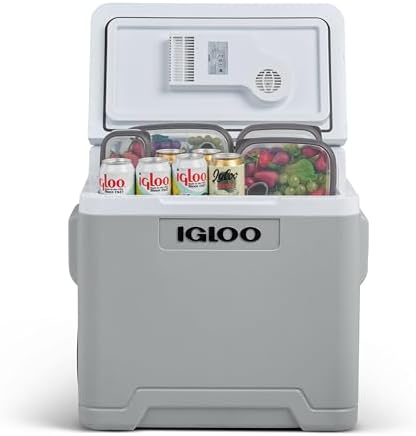 IE42 Frigo Elettrico, 12V e 230V, 42L – Mini Frigorifero Compatto per Auto, Campeggio, Viaggi, Barca e Festival – Con Ruote, Maniglia Telescopica, Vano Portacavo e Modalità Eco/Max