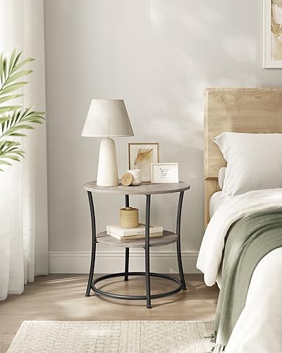 VASAGLE Side Table, 2-Tier Round End Table, Nightstand with Steel Frame for Small Spaces, Living Room, Bedroom, Heather Greige and Ink Black | 2 Shelves